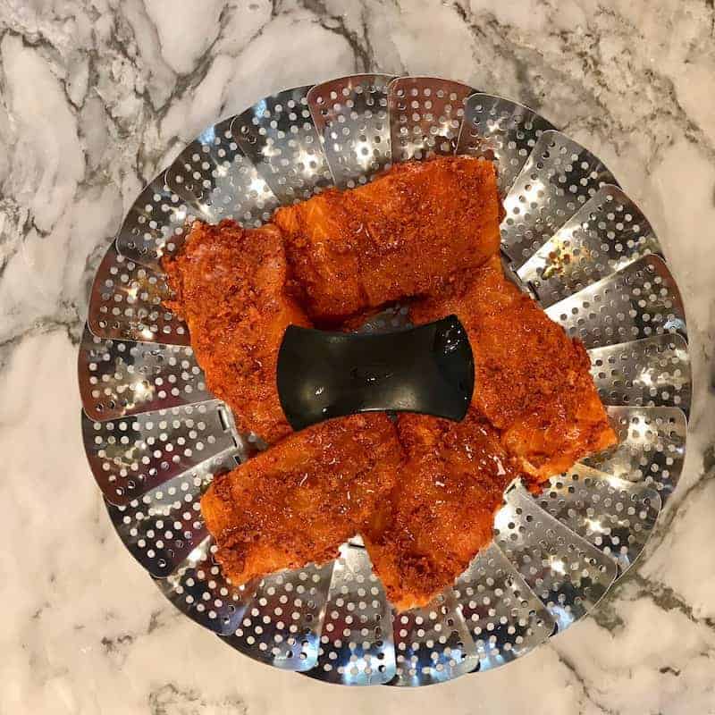 salmon in steamer basket