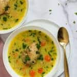 chicken mulligatawny soup served in 2 white bowls garnished with cilantro