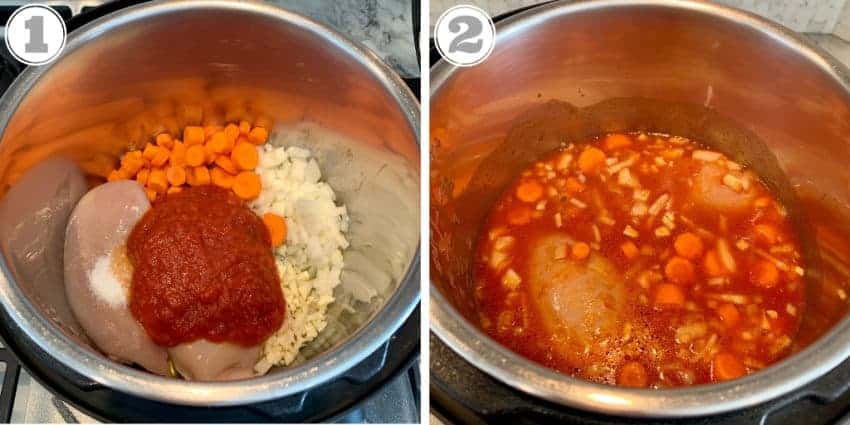 step one and two showing add ingredients to instant pot