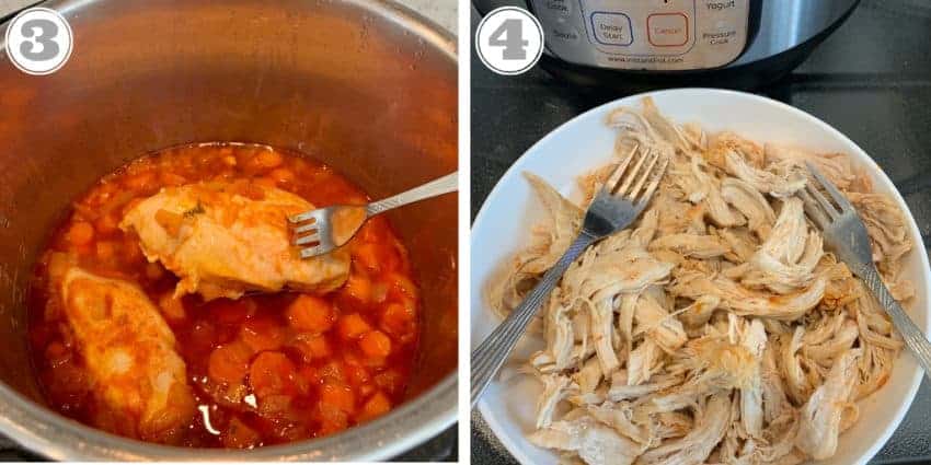 steps three and four showing shredding chicken 
