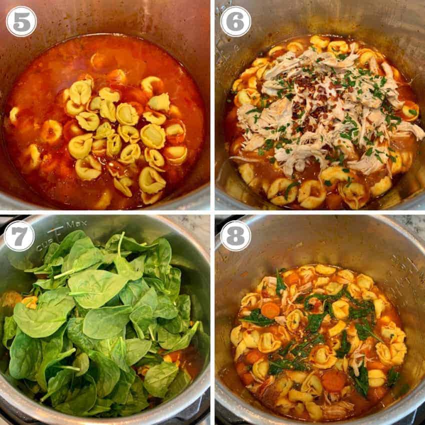 steps five through eight showing adding tortellini, shredded chicken and spinach to instant pot