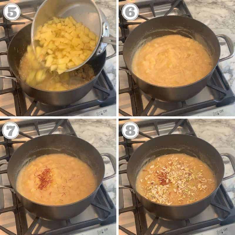 pineapple syrup being poured into roasted flours and garnished with saffron and nuts