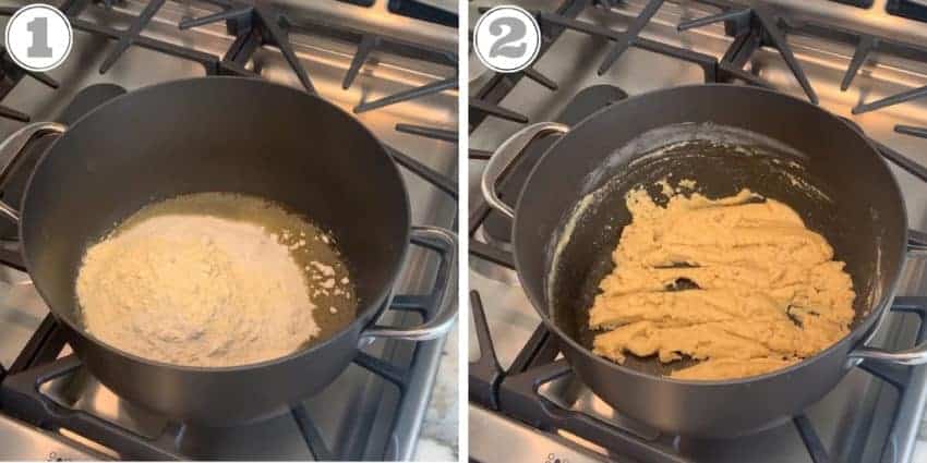 photos showing roasting the flours on the stove top