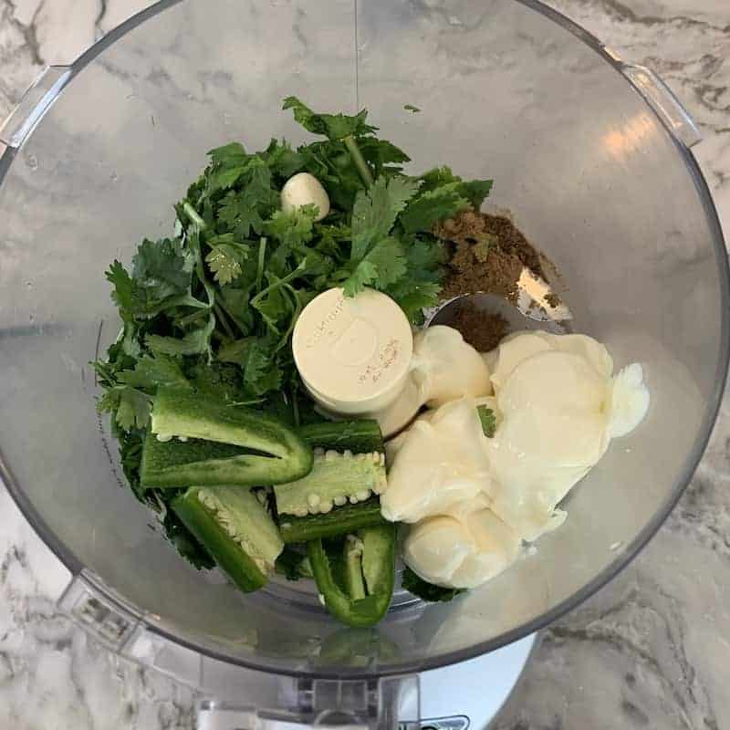 Cilantro Jalapeno Sauce being made in the food processor