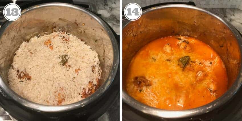 Steps thirteen and fourteen showing rice layered over chicken in the Instant Pot 