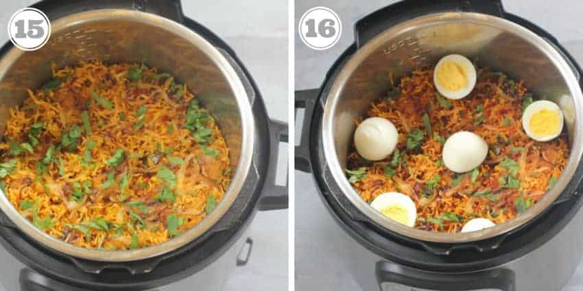Steps fifteen and sixteen finishing the Chicken Biryani in Instant Pot 