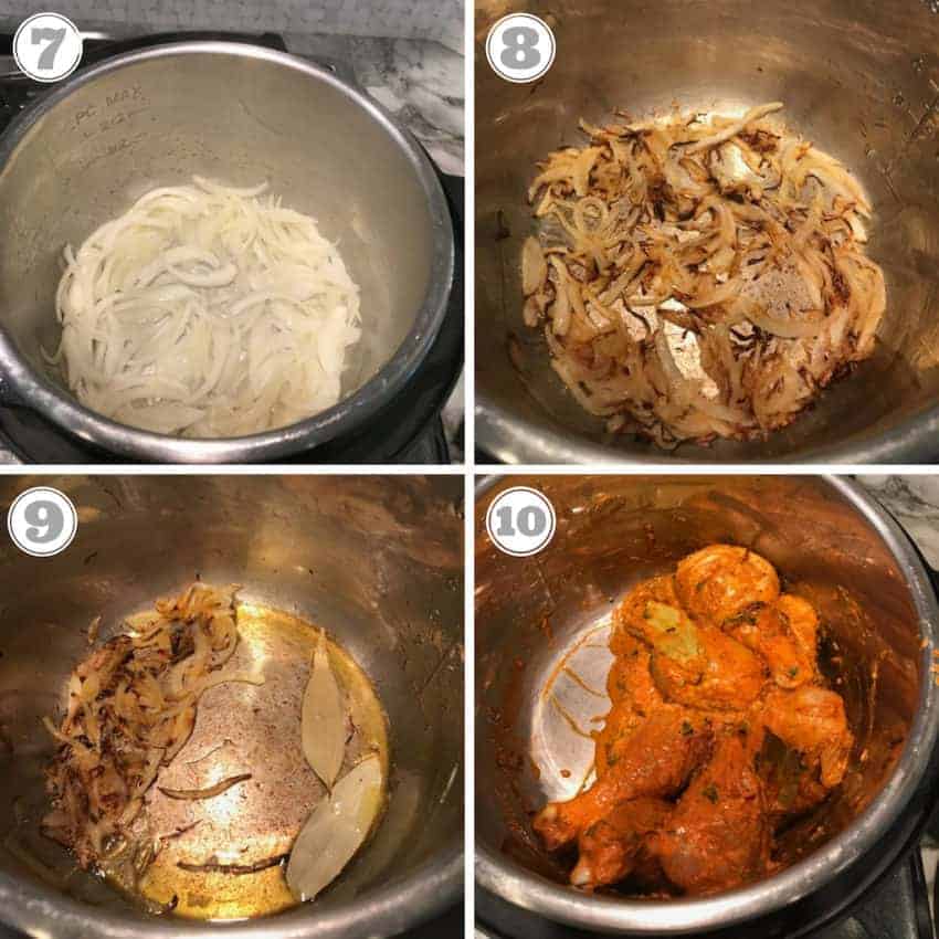Steps seven through ten showing caramelizing onions and how to deglaze the Instant Pot 