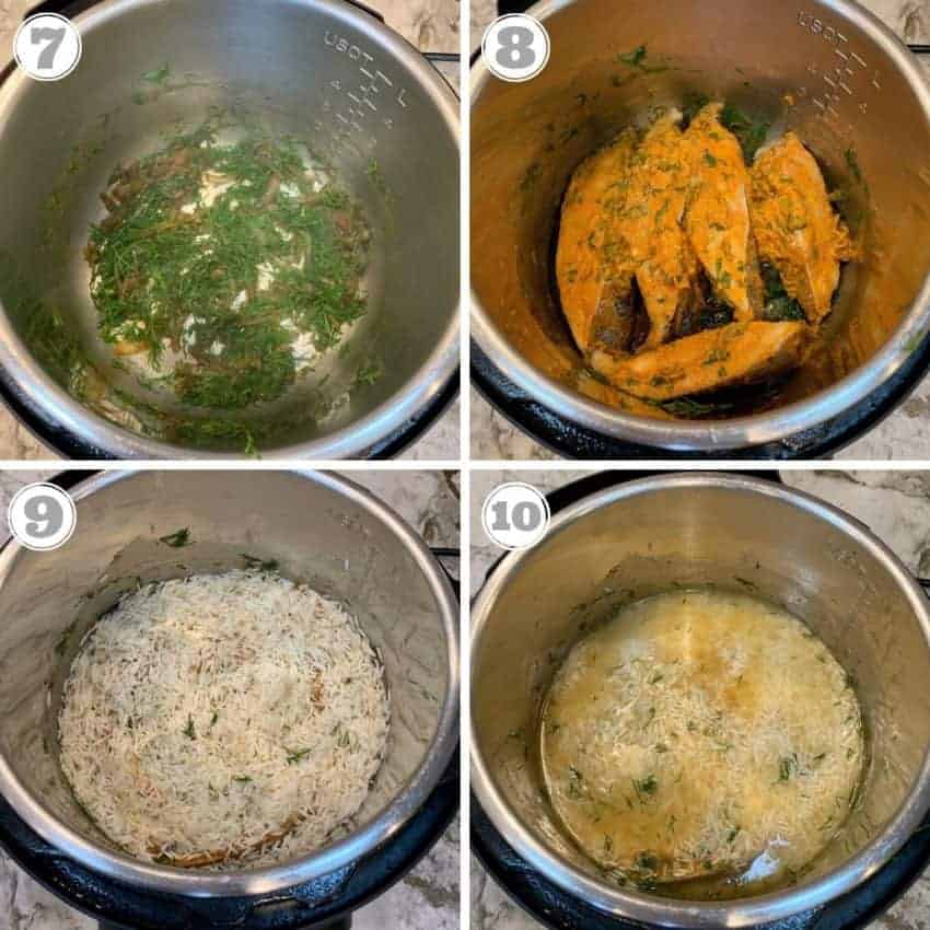 steps showing how to make fish biryani in Instant Pot