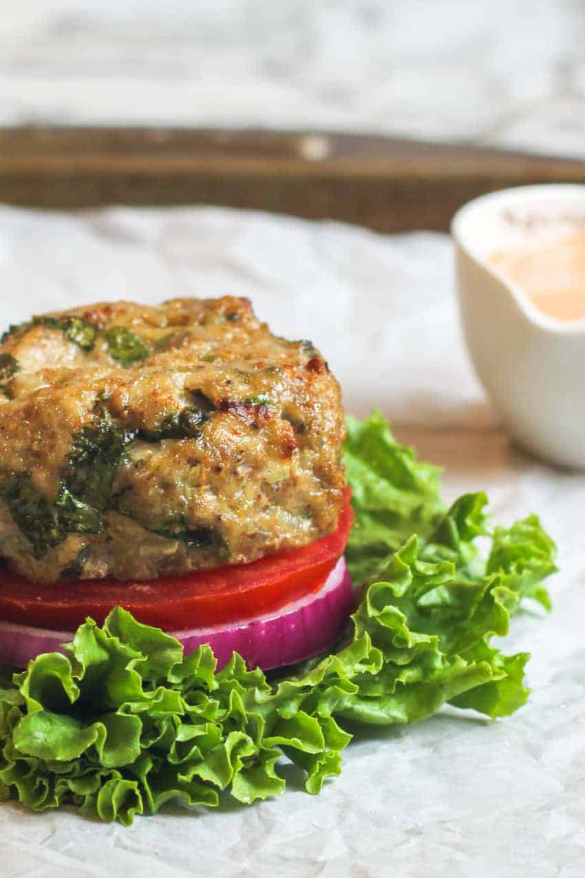 Chicken Burger served over lettuce, onion and tomato
