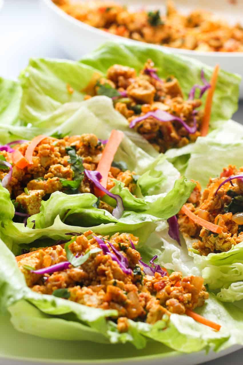 close up of lettuce tofu wraps