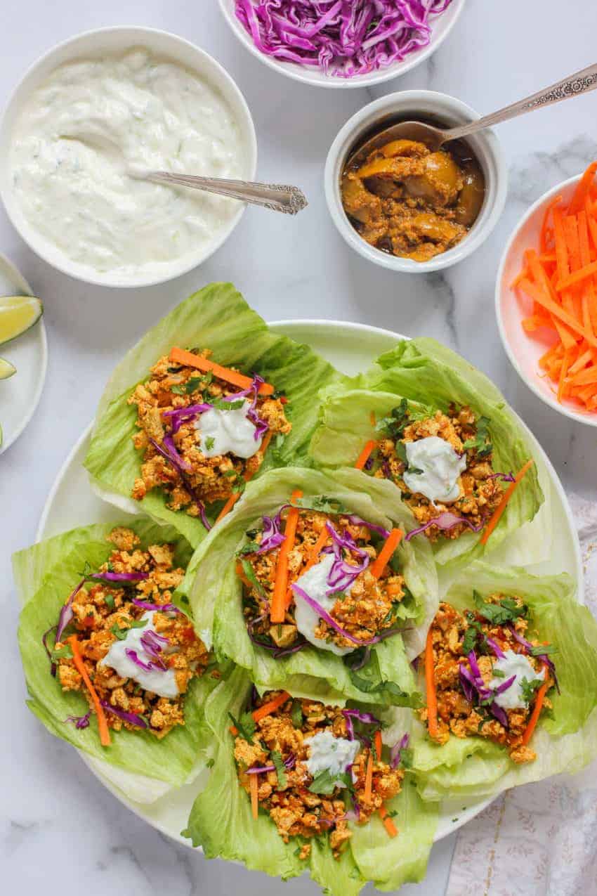 Tofu lettuce wraps with raita and pickle