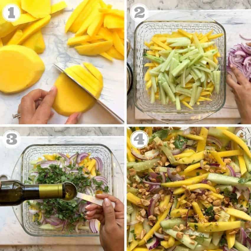 steps showing how to make make salad 
