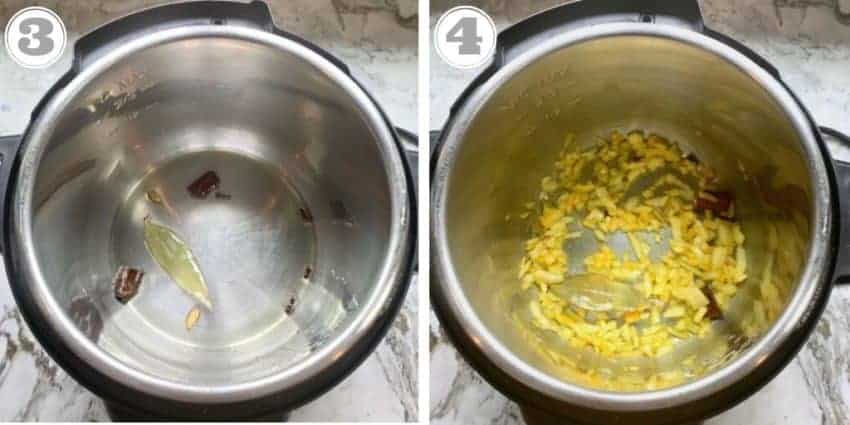 photos showing sating spices and onions for veg kurma 