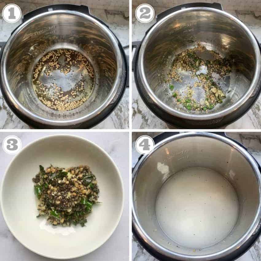 photos one though four showing tempering and cooking rice for curd rice 