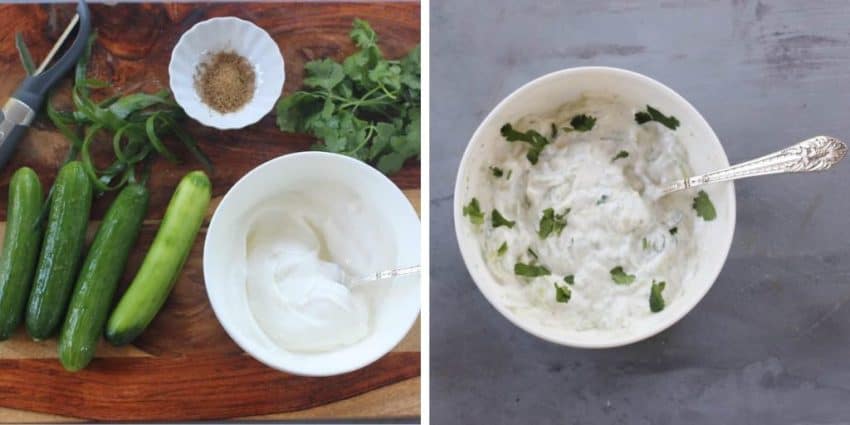 cucumber raita with ingredients. 
