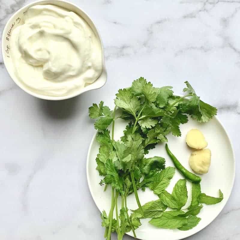 yogurt, cilantro, ginger, chili and mint 