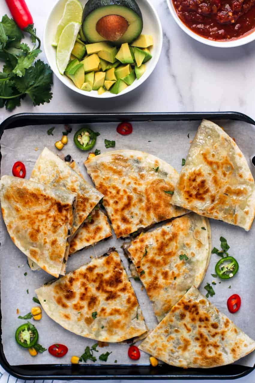 black bean quesadillas served in a baking tray