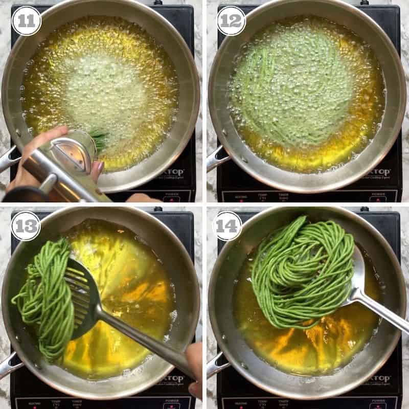 process shots showing how to fry spinach sev