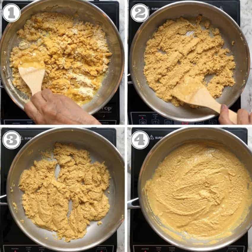 process shots showing how to roast besan with ghee 