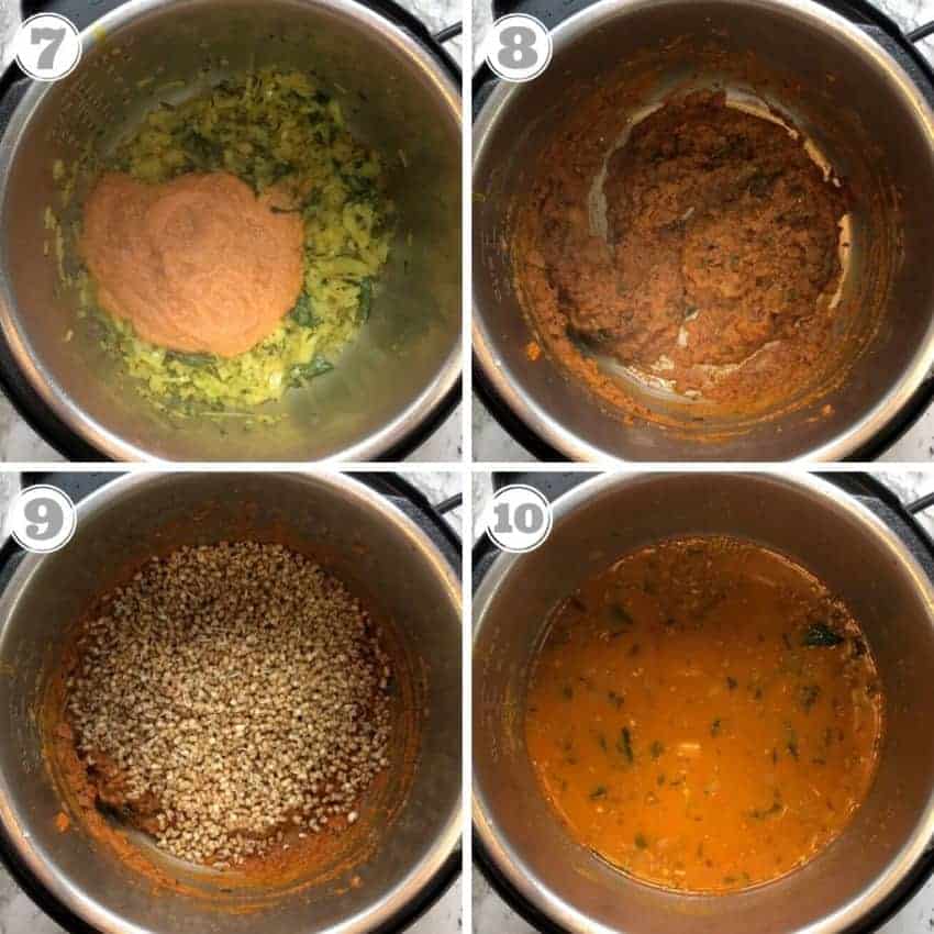 Adding spice paste, sprouts and water to the curry 