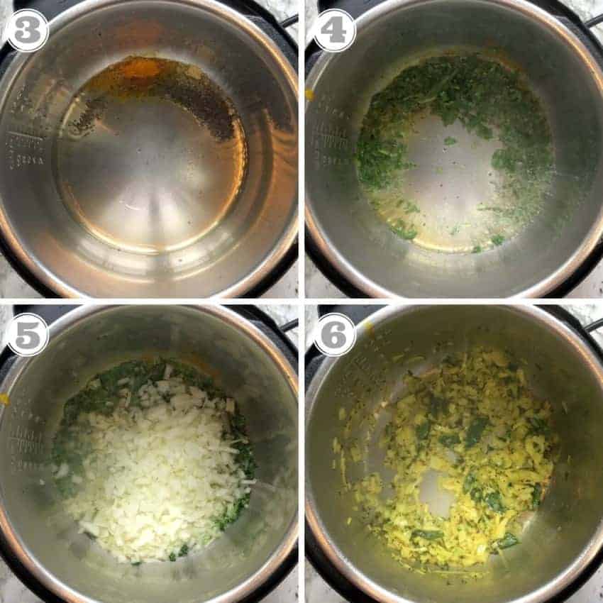 process shots showing tempering spices and sauting onions in Instant Pot 