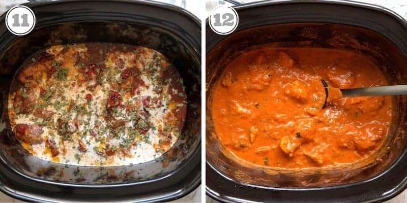 steps 11 and 12 showing chicken tikka masala with heavy cream, kasoori methi and the finished dish