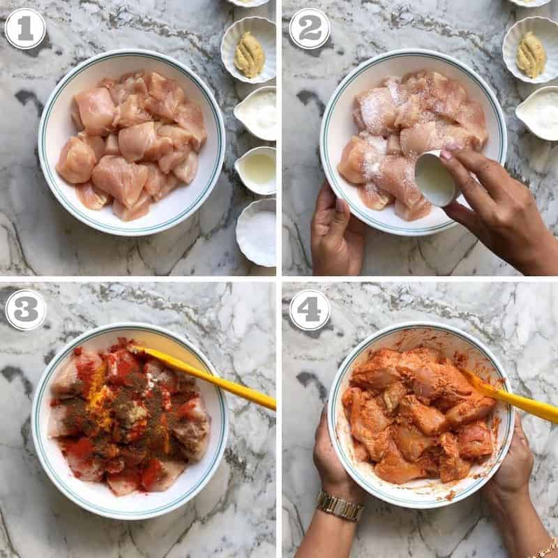 steps one through four showing how to marinate chicken