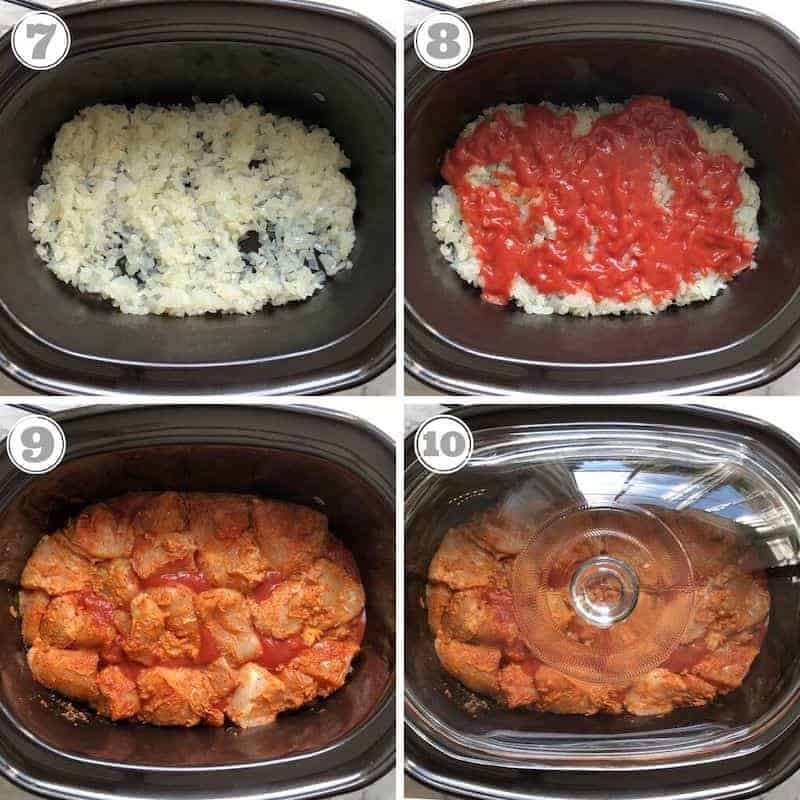 steps seven through ten showing how to make chicken tikka maslaa in a slow cooker 