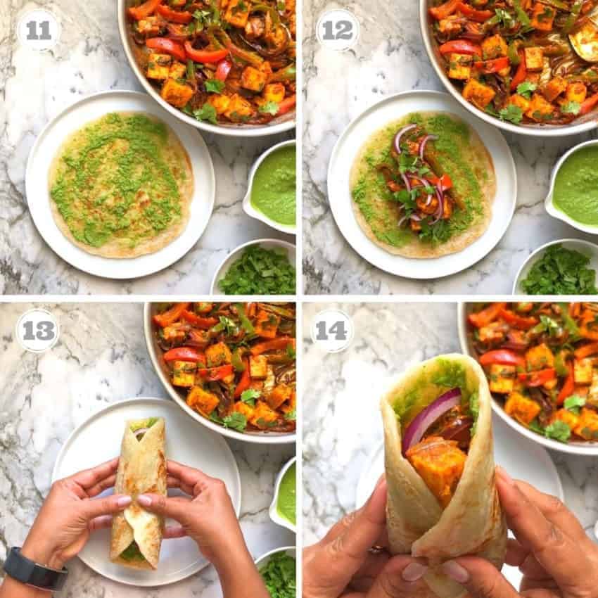 photos showing how to assemble and wrap kathi rolls 