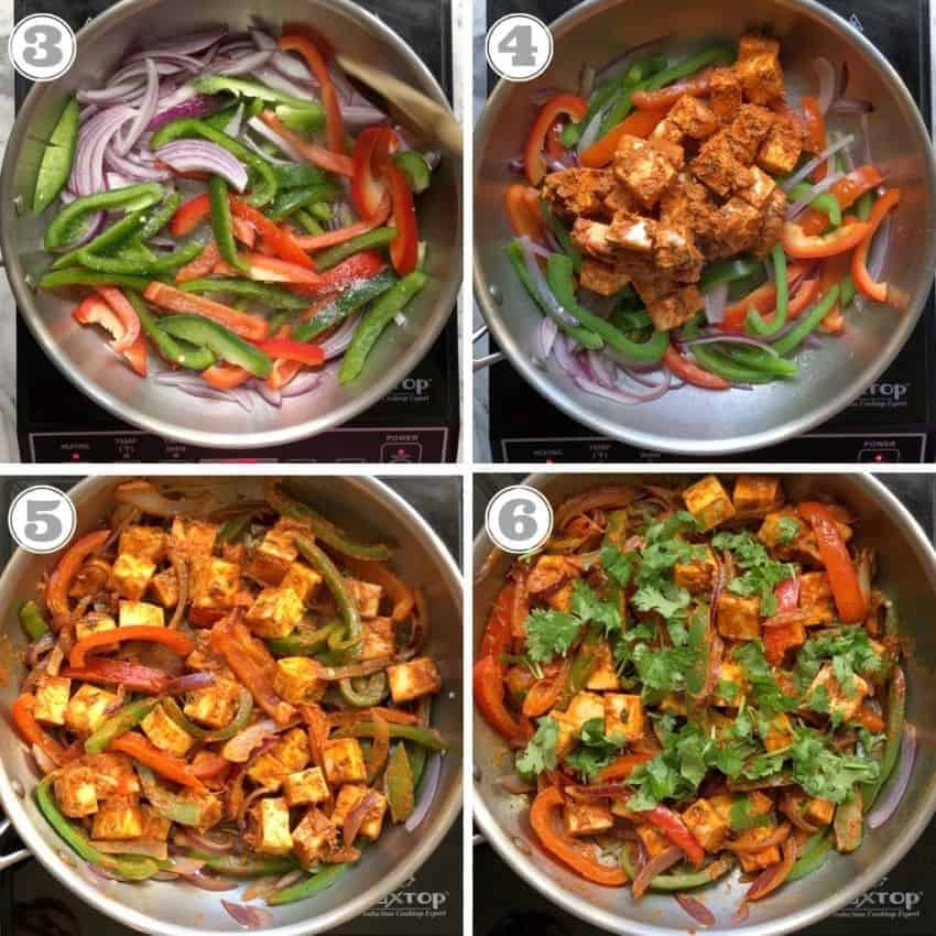 process shots showing how to make paneer kathi roll filling 