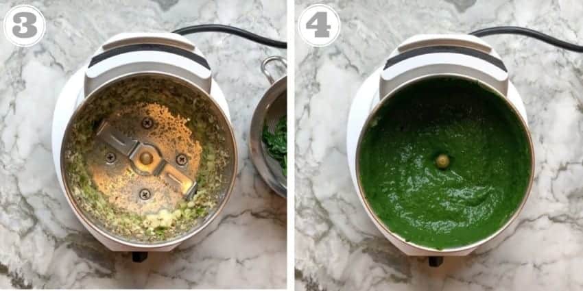 steps 3 to 4 showing freshly ground spices and spinach puree in a blender 
