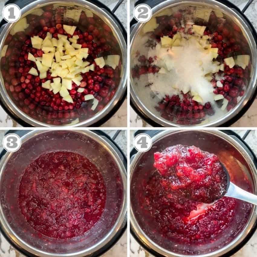 steps one through four showing how to make Instant Pot Cranberry Sauce