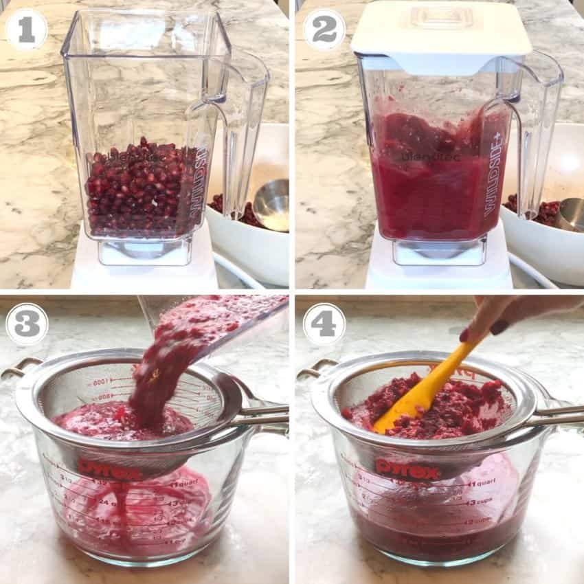 Steps one through four of making pomegranate juice at home