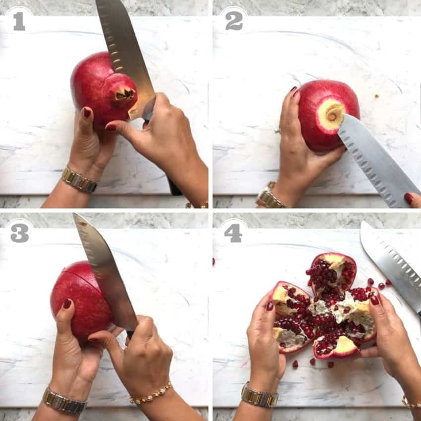 steps one through four of peeling a pomegranate