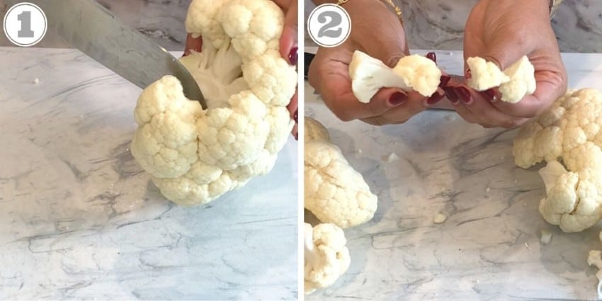 steps one and two showing how to cut cauliflower florets 