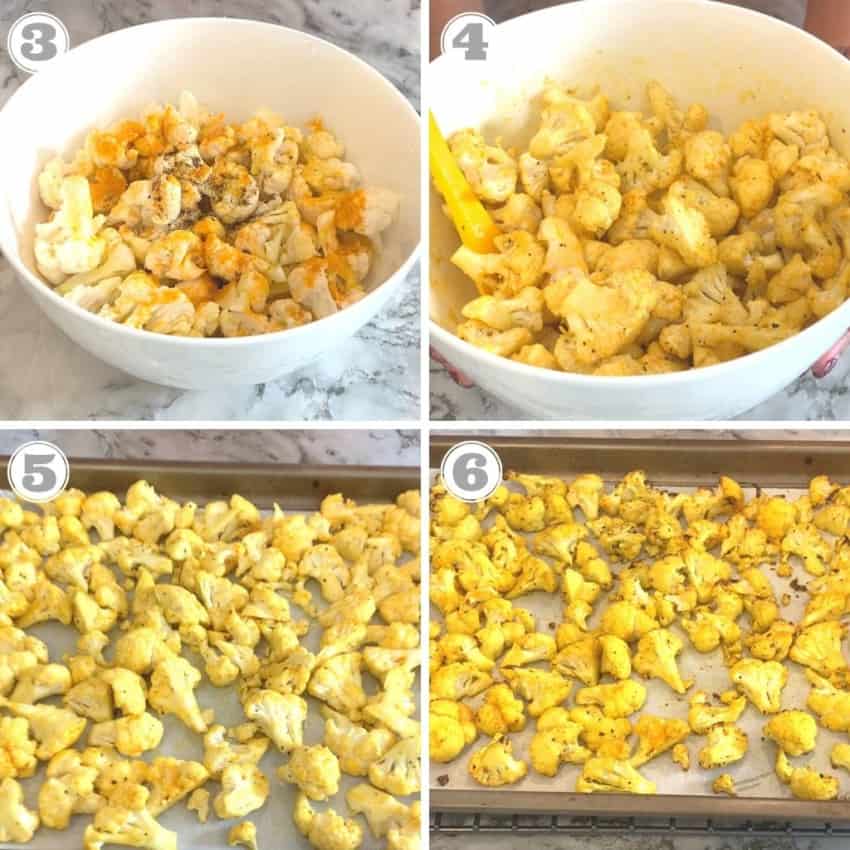 steps three through six showing how to roast cauliflower 