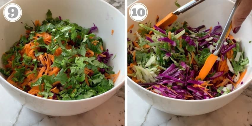 steps nine and ten showing how to make cabbage slaw 