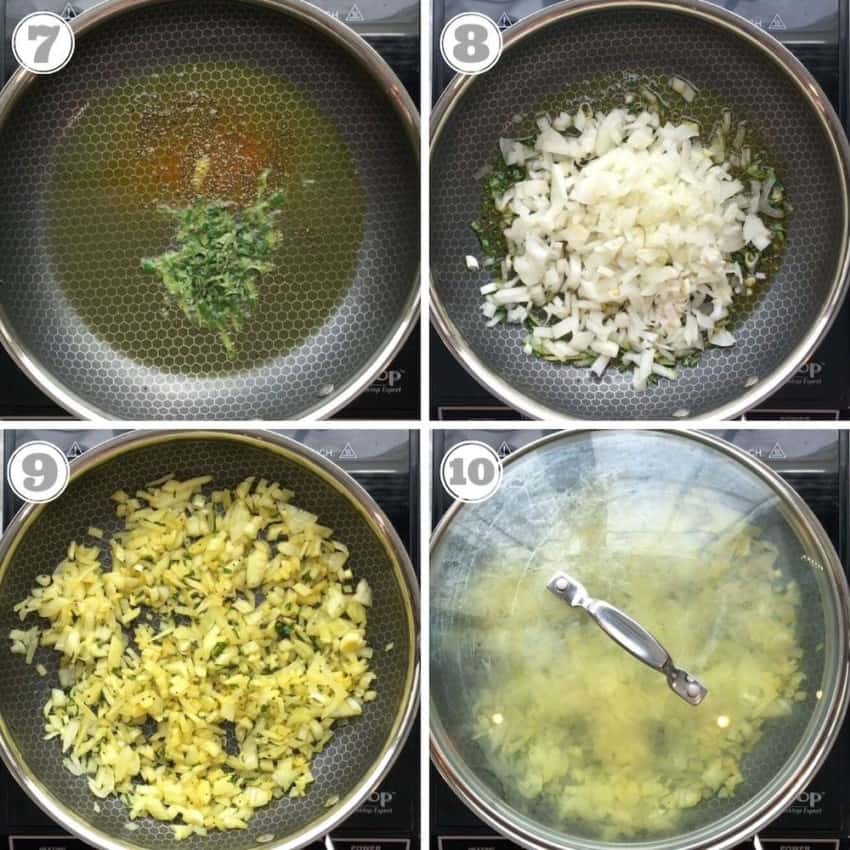 photos showing tempering and onions sautéing 