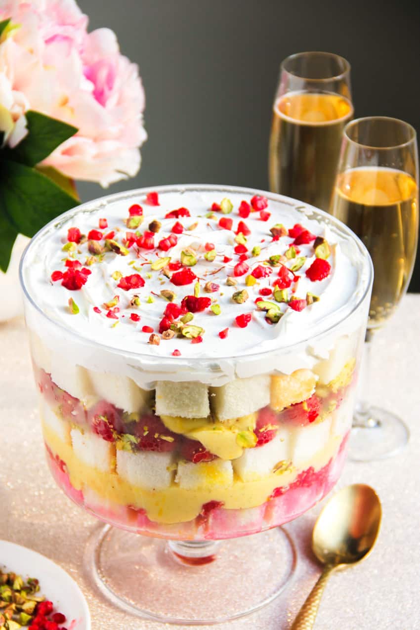 Cardamom saffron Trifle with raspberries & pistachios 