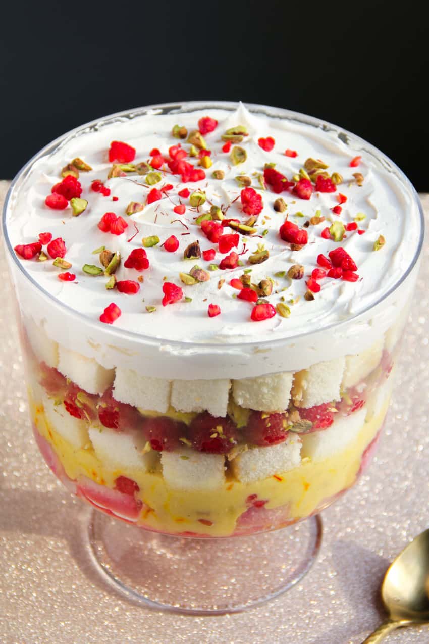 Cardamom saffron Trifle with raspberries & pistachios 