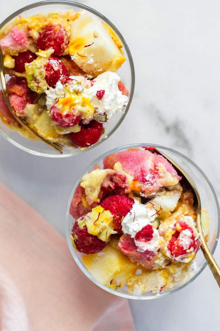 Cardamom saffron Trifle with raspberries & pistachios 