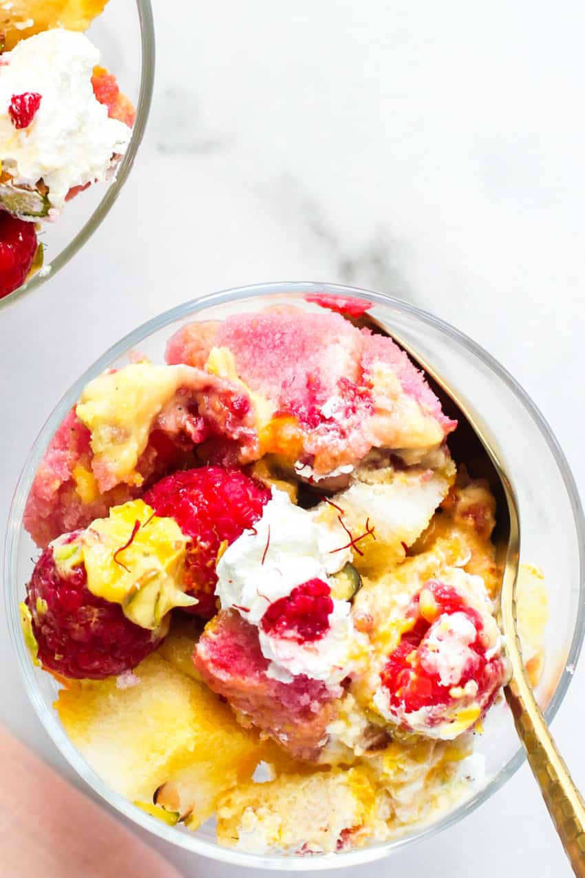 Cardamom saffron Trifle with raspberries & pistachios 