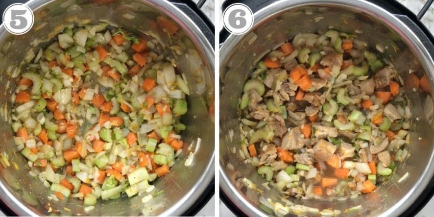 steps five and six showing adding the vegetables to Instant Pot