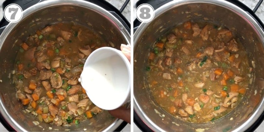 steps seven and eight showing adding slurry to instant pot