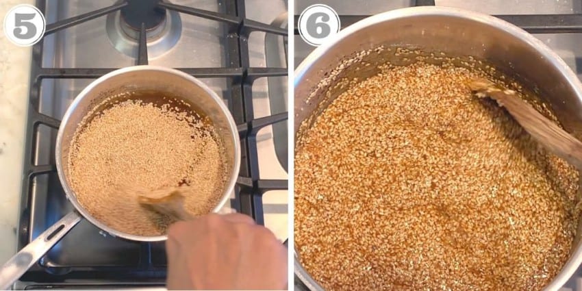 Steps five through six of mixing sesame seeds in syrup 
