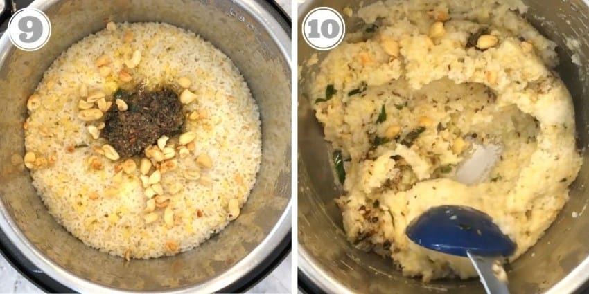 cooked ven pongal topped with nuts and tempering in the Instant pot 
