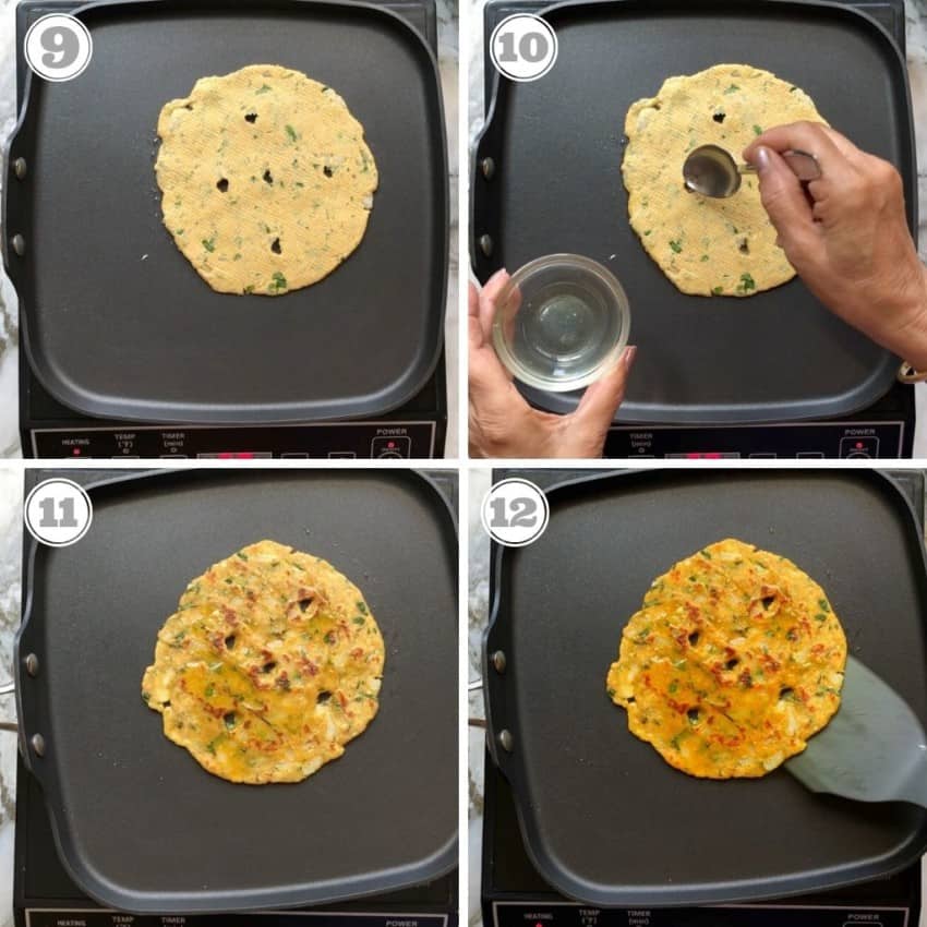 process hots showing how to cook rolled thalipeeth on hot pan