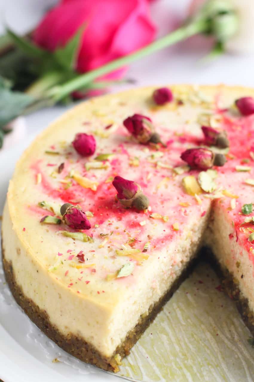 Ricotta Cheesecake with rose, cardamom and pistachios 