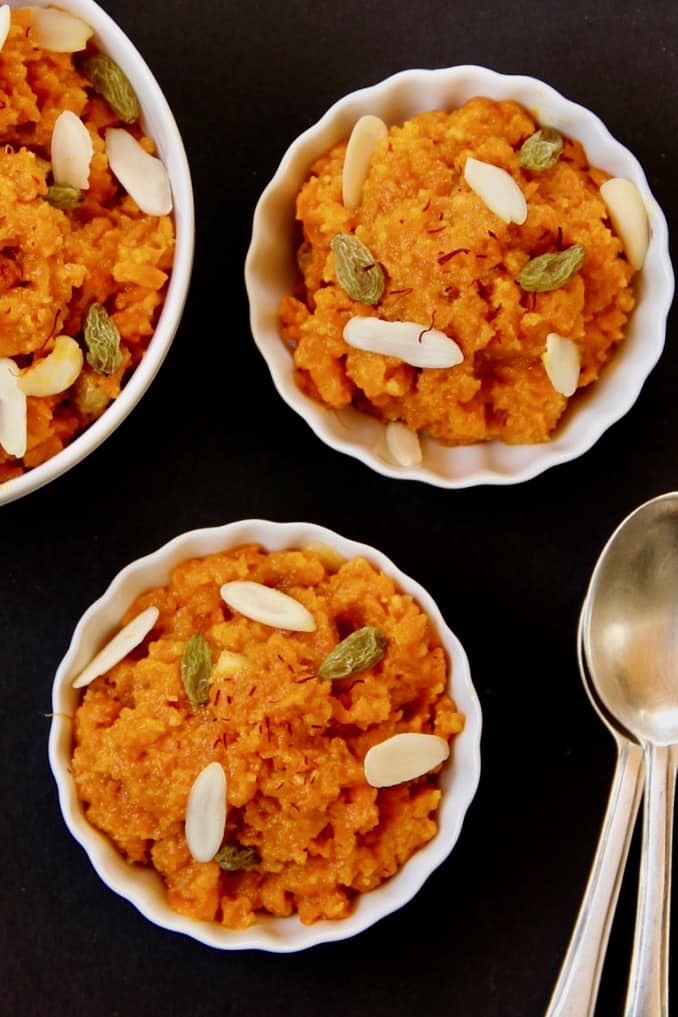 Gajar Halwa served in 3 white bowls