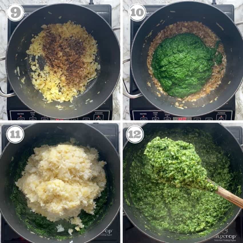 steps showing mixing spices, spinach puree and khichdi in a pot 